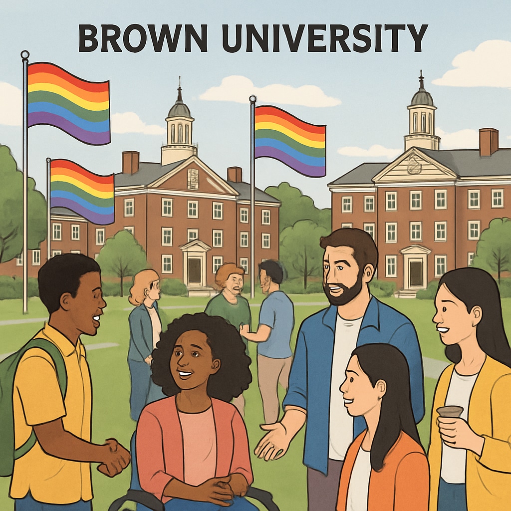 Inclusive campus event at Brown University with rainbow flags and diverse attendees.