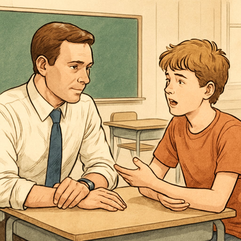 A teacher listening attentively to a student during a one-on-one discussion in a classroom setting. The image highlights the importance of empathy and connection in education. Teacher listening to a student to build trust and encourage interaction.