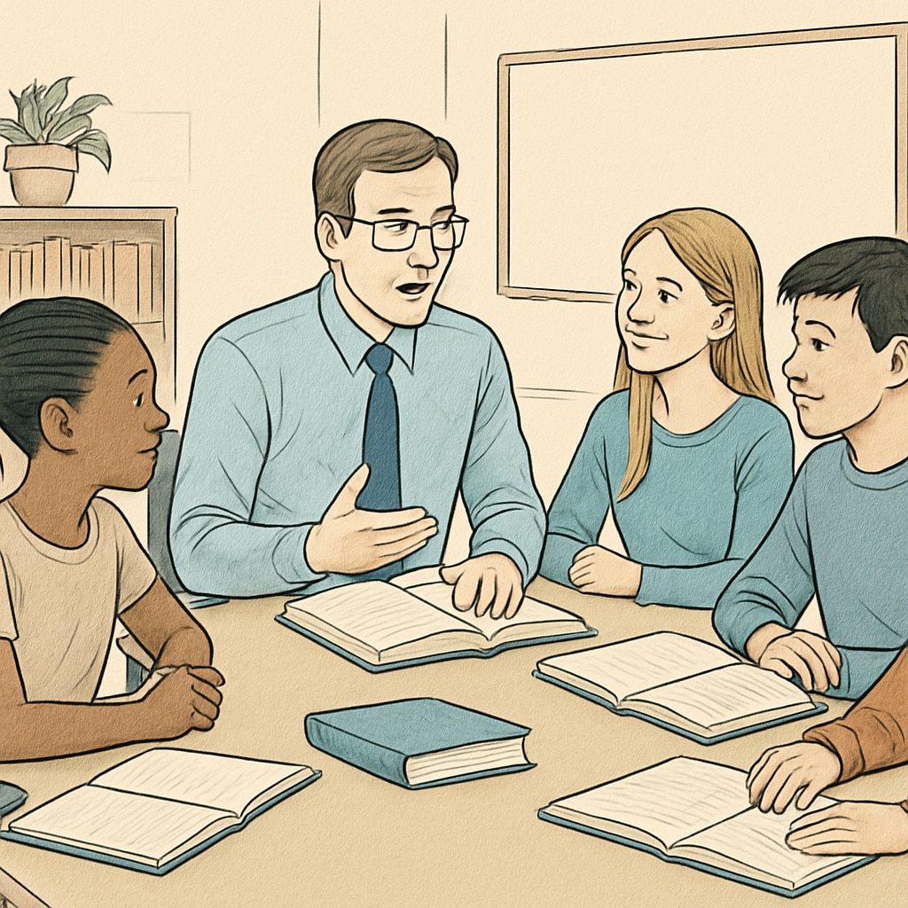 A diverse group of students and a teacher engaging in a collaborative discussion around a table, symbolizing active listening and mutual respect. Students and teacher collaborating to promote trust and shared learning.