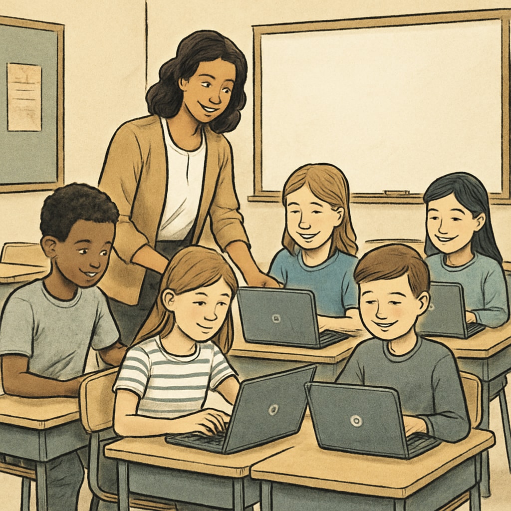 Students and a teacher using Chromebooks, highlighting EdTech efficiency in the classroom.