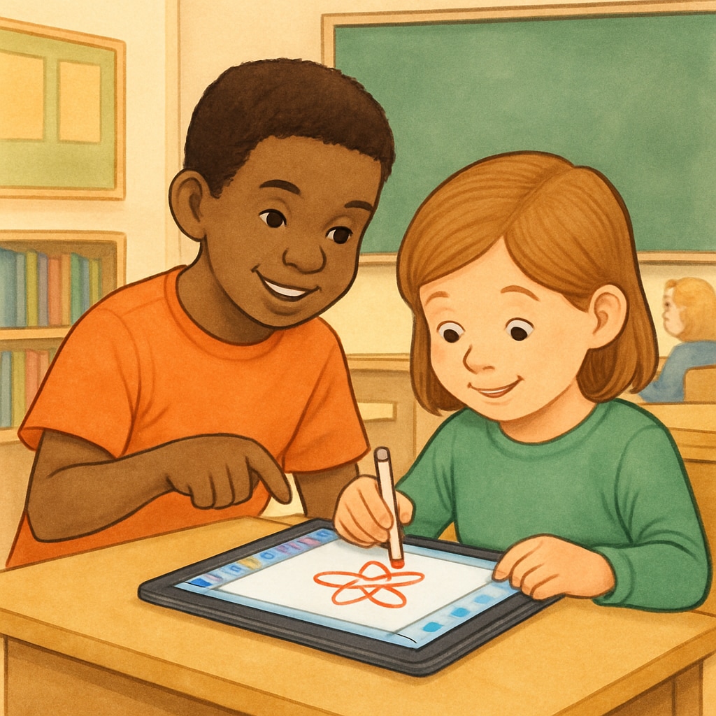 Fourth-grade student assisting kindergartener with a digital drawing tool during computer activities.