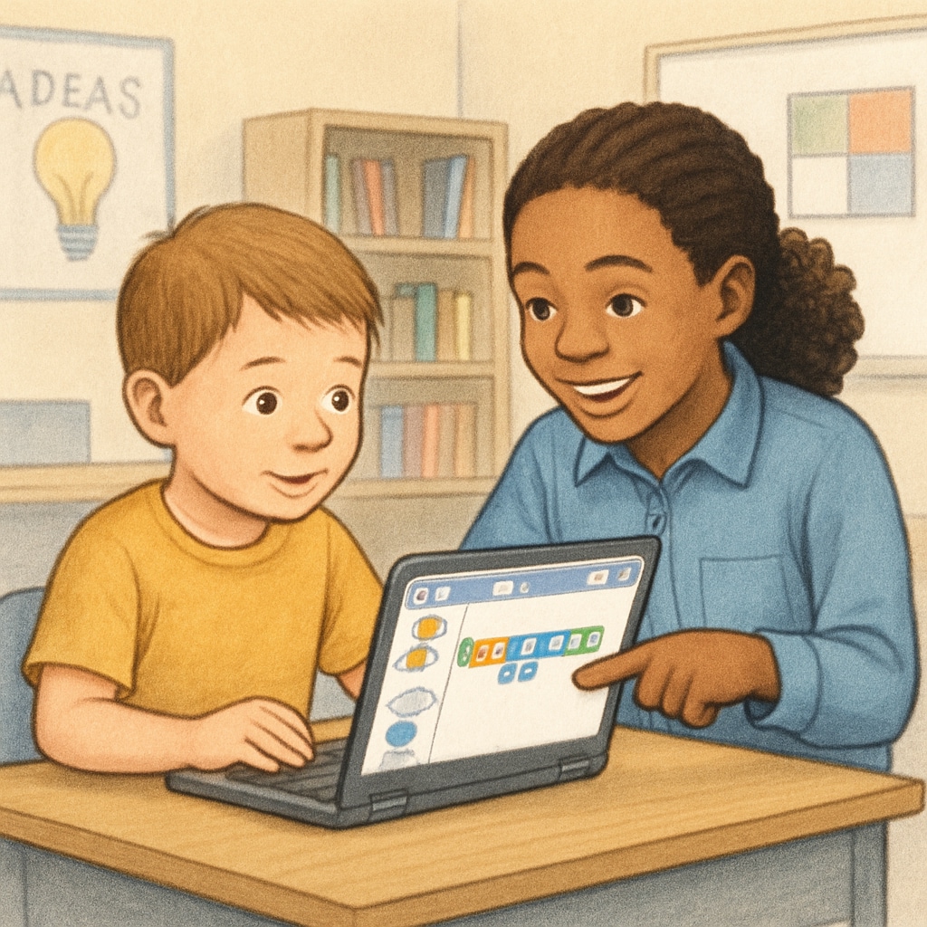 Kindergarten and fourth-grade students working together on a coding project.