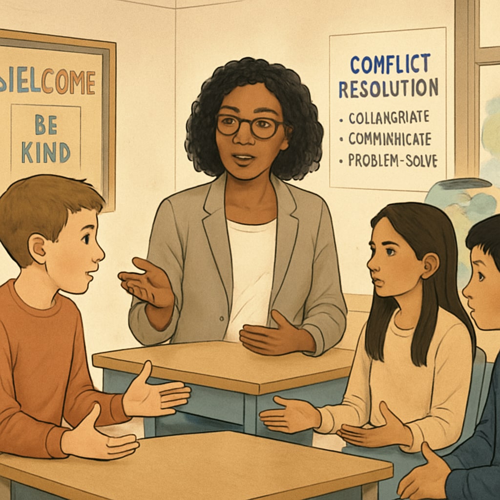 Counselor guiding students in conflict resolution within a behavioral education framework.