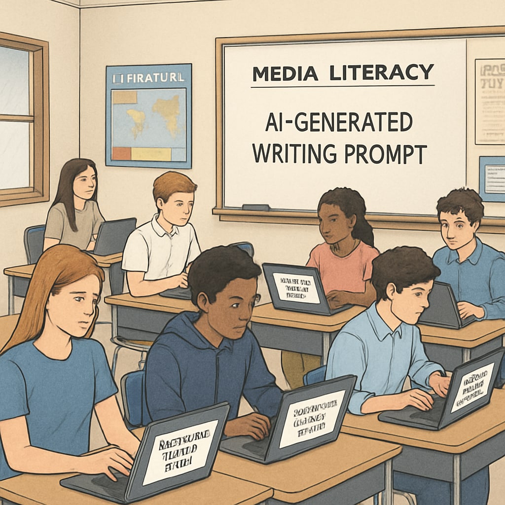 Students in a classroom using AI writing tools for media literacy education