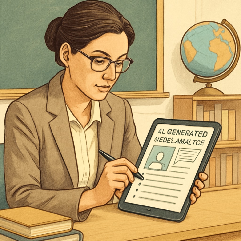 Teacher reviewing AI-generated media content with a student