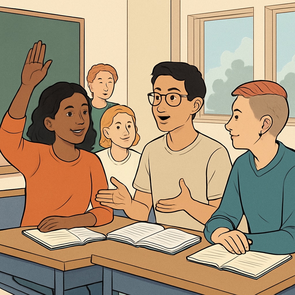 A diverse group of students, including transgender individuals, engaging in a classroom discussion to represent inclusivity in education. Diverse students, including transgender individuals, participating in an inclusive classroom discussion.