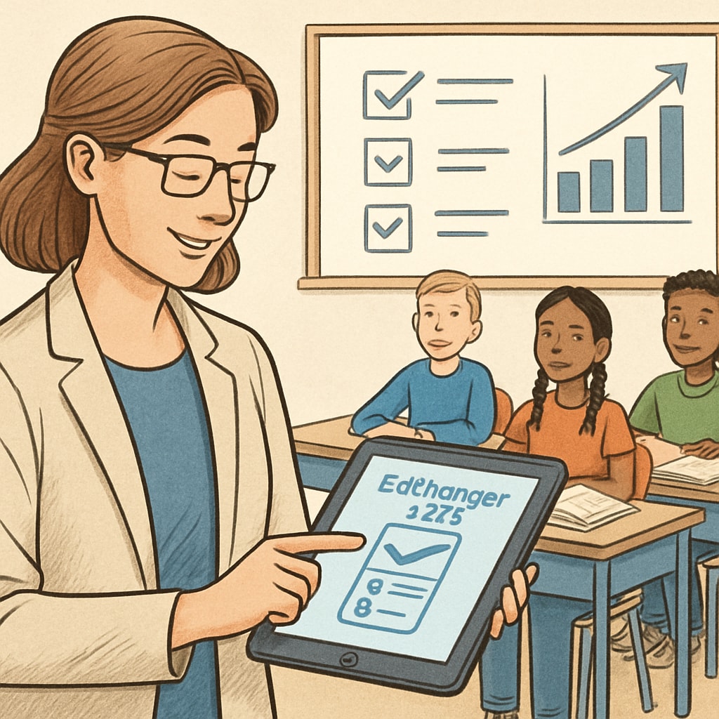 A teacher using a tablet in the classroom to manage tasks, emphasizing the role of education tools like EdChanger Pro. Teacher using smart education tools for classroom management