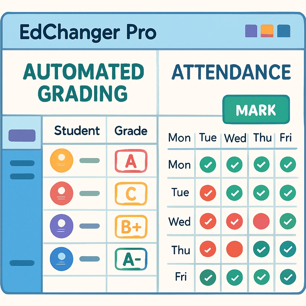 A close-up of EdChanger Pro’s interface showing automated grading and attendance tracking features. EdChanger Pro interface displaying automated grading and tracking