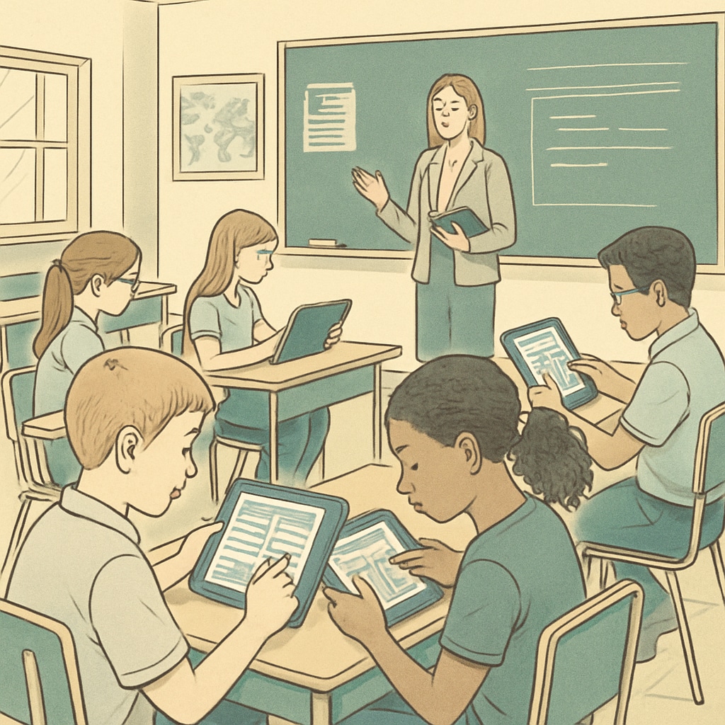 Students working with tablets in a classroom, showcasing responsible technology use.