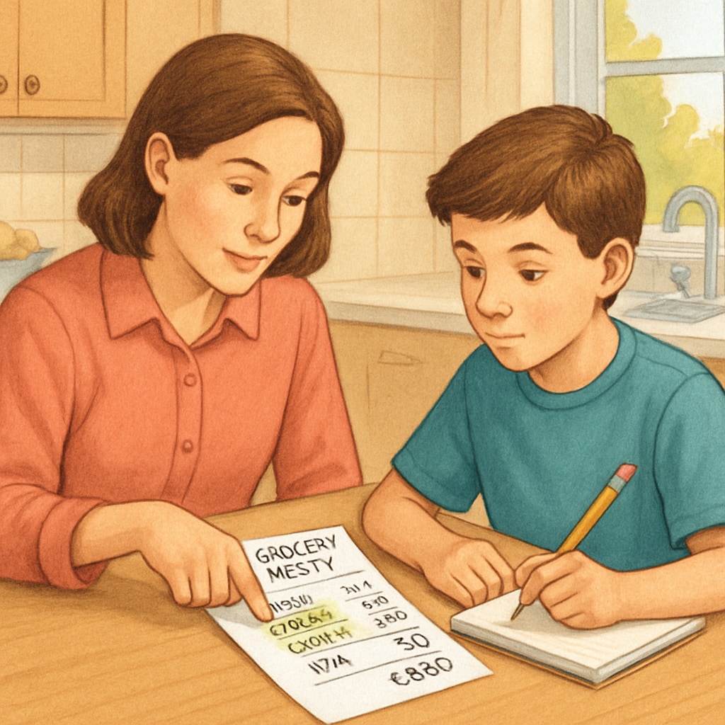 Parent and child using a grocery receipt to explain math concepts like percentages.