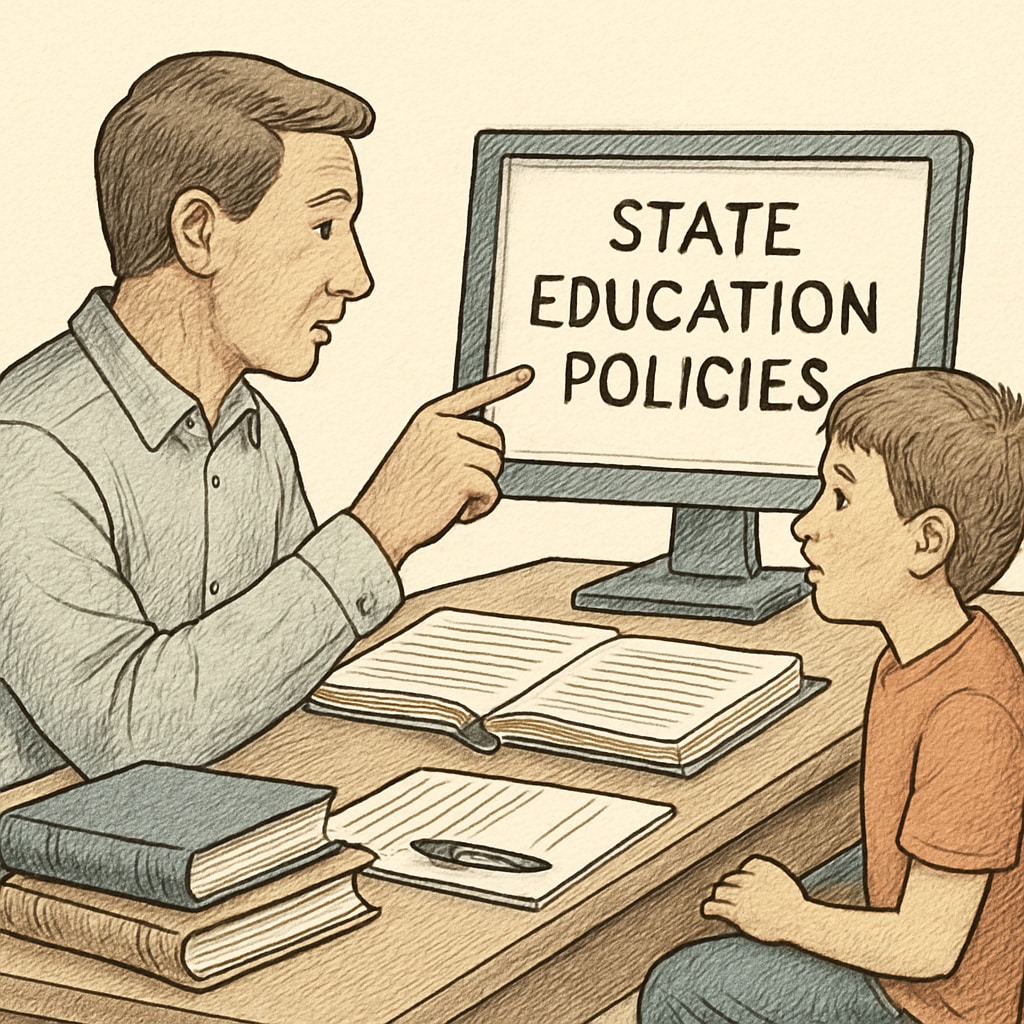 A parent and child reviewing state education policies on a computer, symbolizing research into legal rights for accessing K12 transcripts. Parent and child researching education policies for K12 transcripts with unpaid balances.