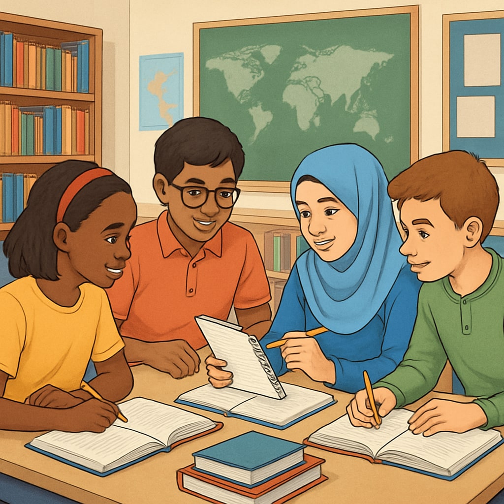 A diverse group of students collaborating in a classroom, representing global education. Students learning in a globally diverse environment, promoting K12 education for study abroad preparation.