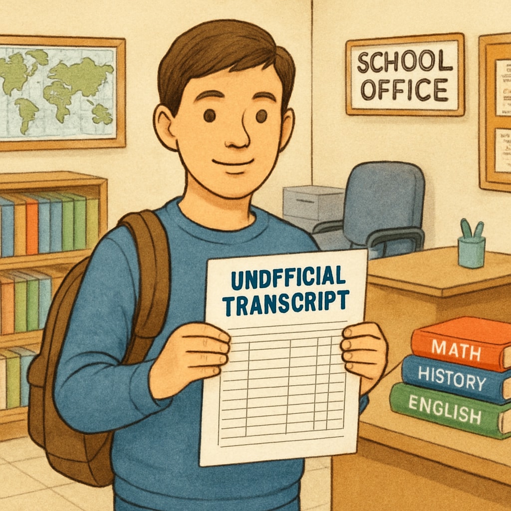 A student holding an unofficial transcript in a school office, illustrating alternative solutions for accessing academic records. Student holding an unofficial transcript in a school office due to unpaid balances.