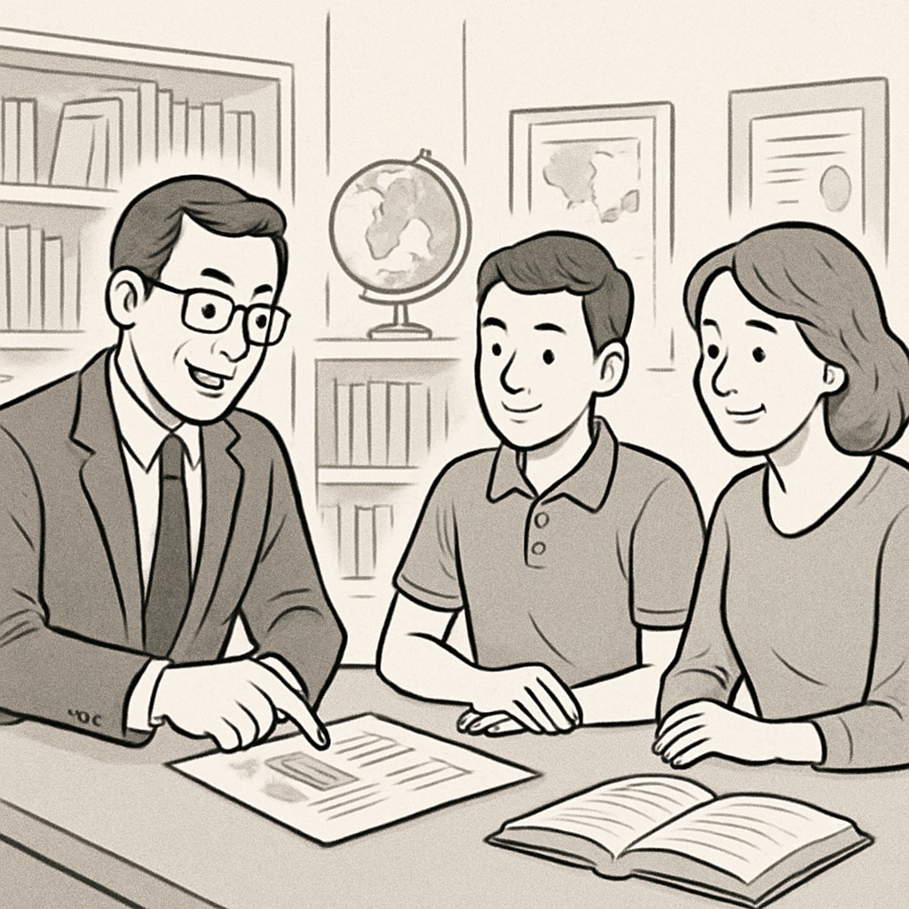 A professional consultant advising a student and parent on educational opportunities. An education consultant discussing study abroad plans with a family, highlighting master’s program preparation.