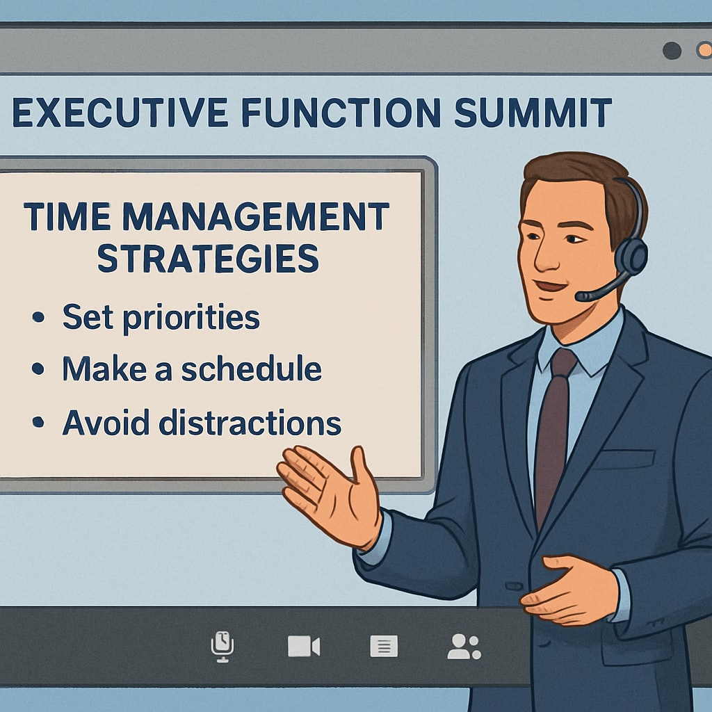 A presenter discussing time management strategies for children with special needs during an online summit.