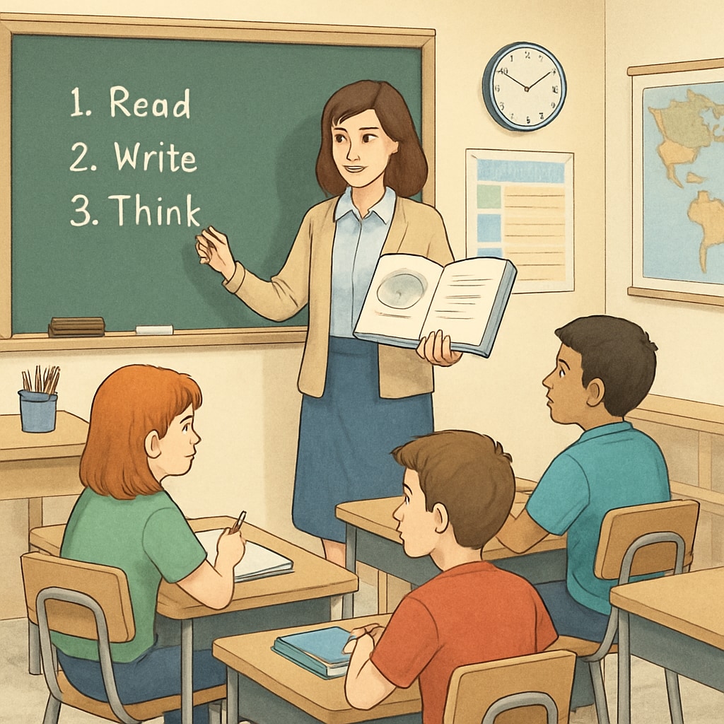 Classroom with a teacher and students discussing learning methods.