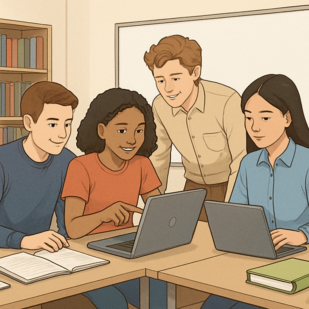 High school students working on laptops to enhance media literacy through AI tools.