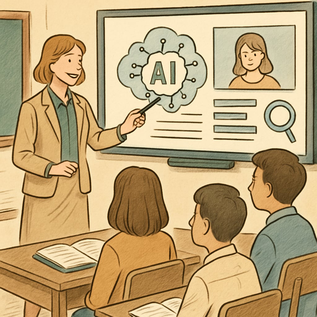 Teacher demonstrating an AI tool for media analysis to high school students.