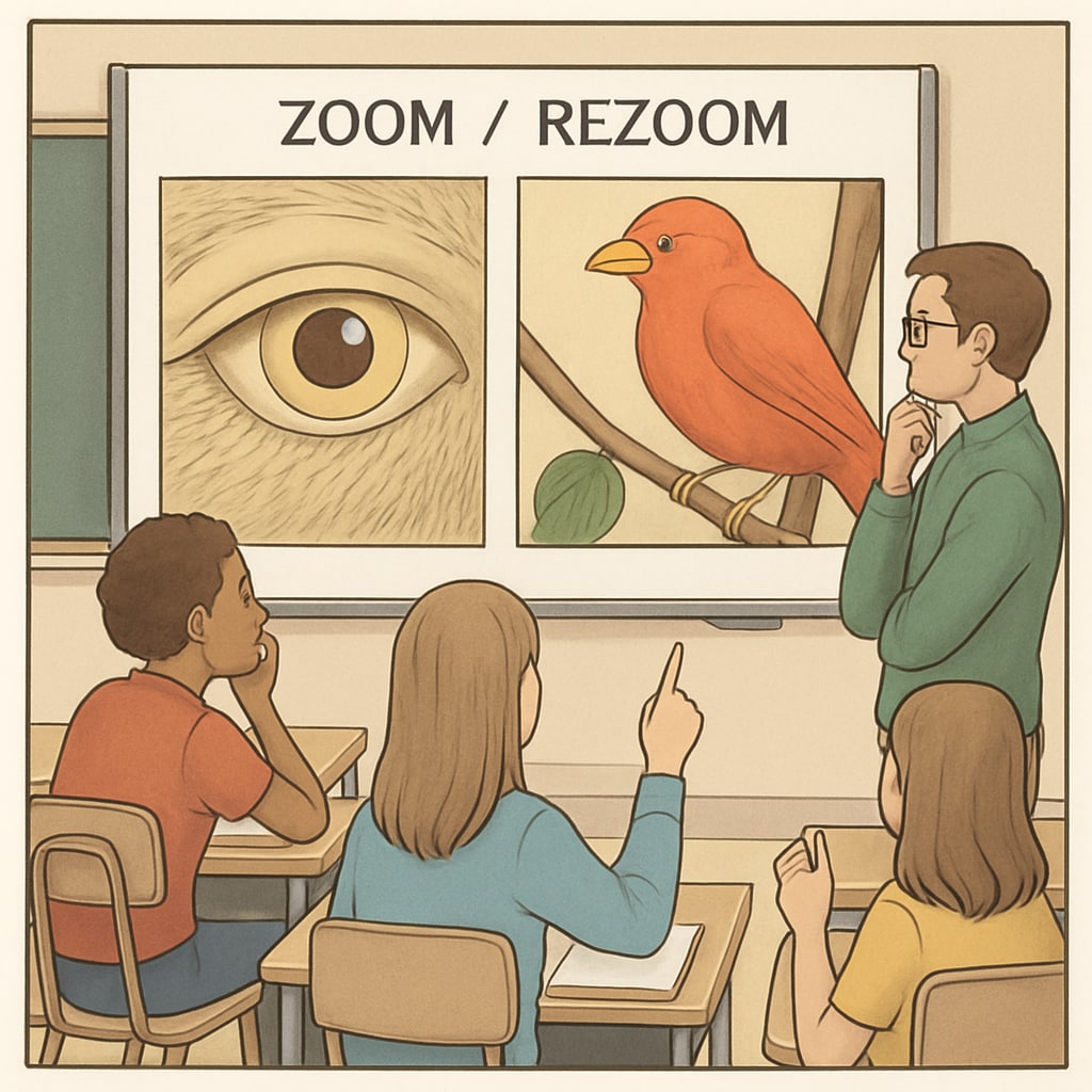 Classroom activity showing Zoom/ReZoom images projected on a screen for student analysis.
