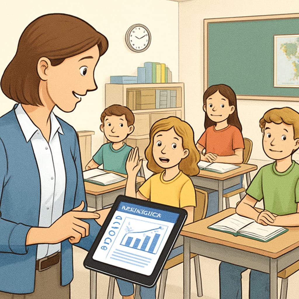 A teacher using EdChanger Pro on a tablet while guiding students in a classroom. A teacher leveraging EdChanger Pro to assist students in a K12 classroom.