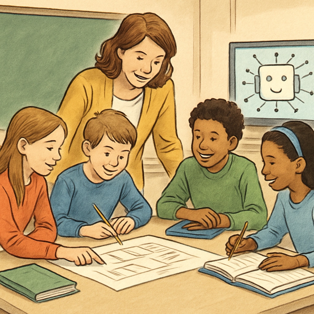 Teacher leading a collaborative project with AI support in education.