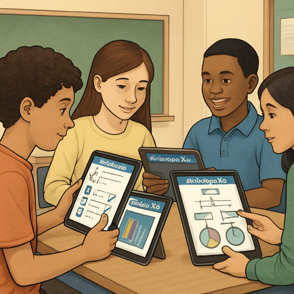 Students engaging with EdChanger Pro on tablets during a collaborative learning activity. K12 students interacting with EdChanger Pro for enhanced learning experiences.