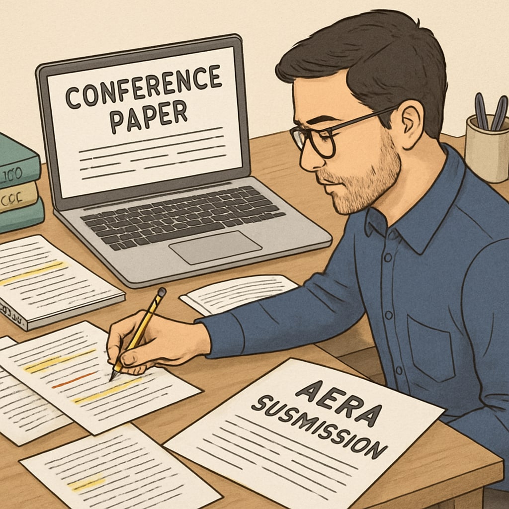 Researcher drafting a paper for the AERA conference, relating to acceptance rates and submission tips.