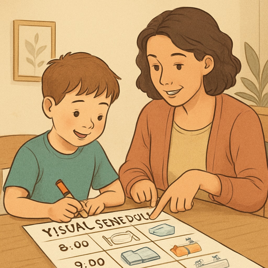 Child with parent using a visual schedule for executive function training.