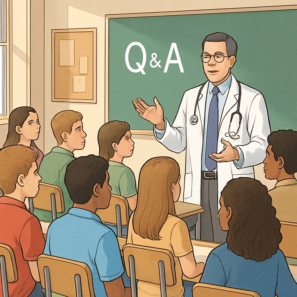 High school students interacting with a doctor during a Q&A session as part of a school project.