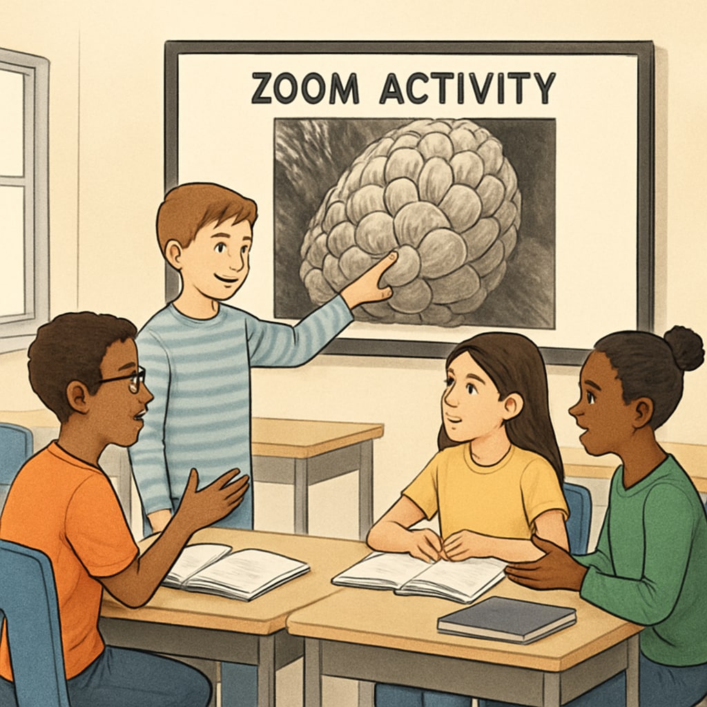 Students collaborating on a Zoom teaching activity in a classroom setting.