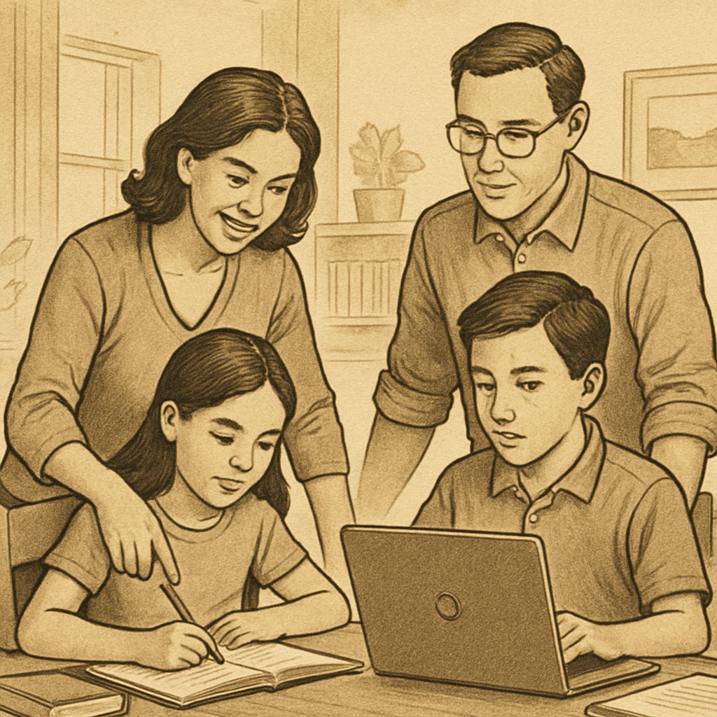 A family collaborating at home, showing the flexibility of public online schools.