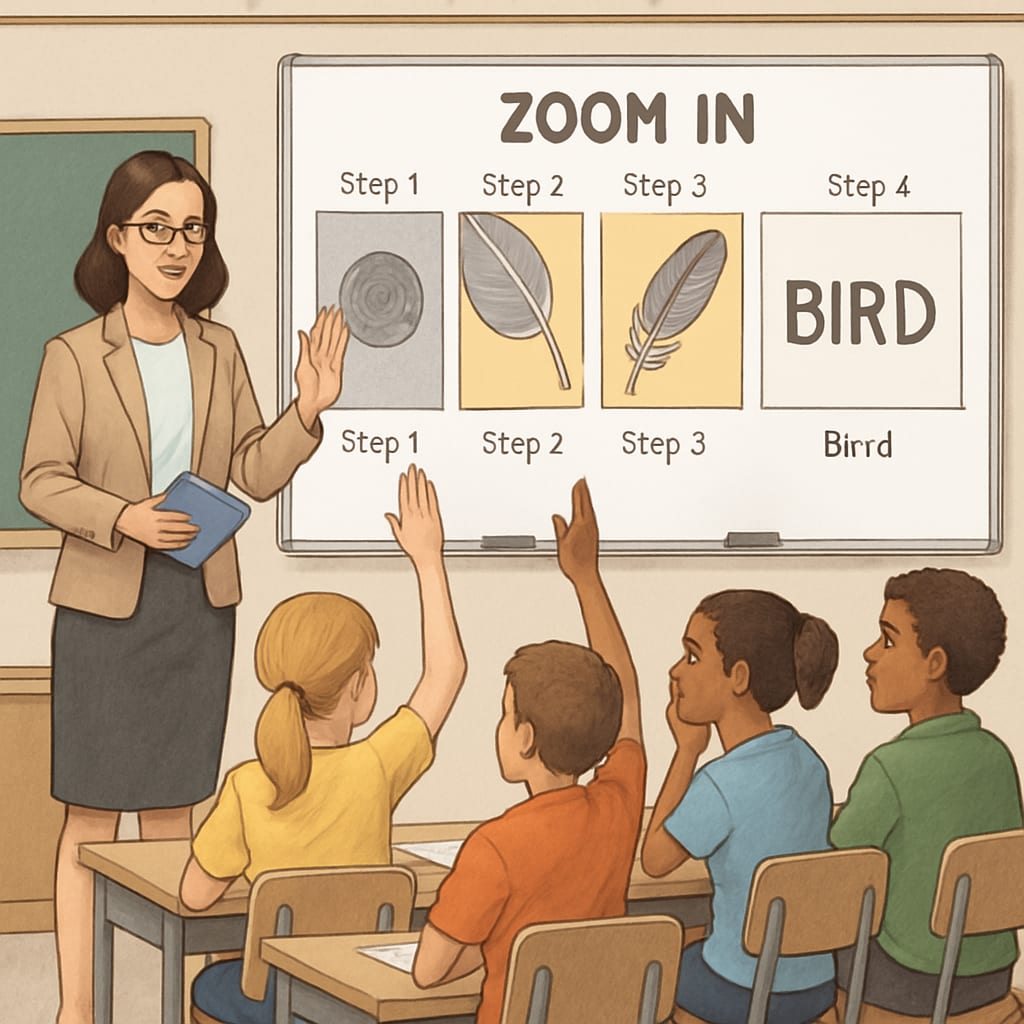 Teacher discussing the Zoom activity sequence with students in a classroom.