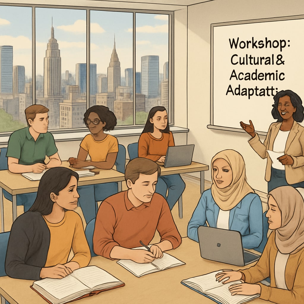 A diverse group of international students participating in a workshop in New York that focuses on cultural and academic adaptation. International students in New York attending a cultural and academic adaptation workshop.