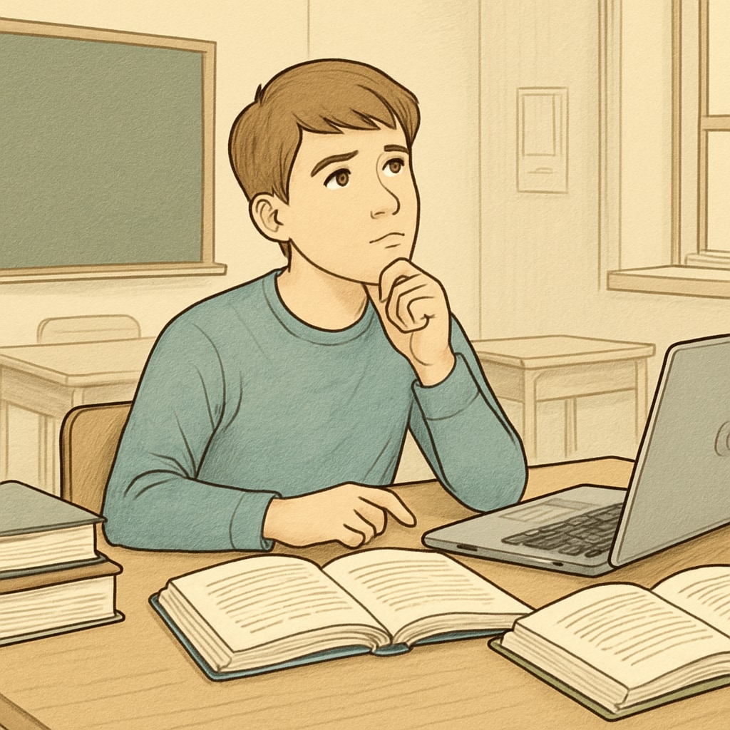 A high school student sitting at a desk with books and a laptop, appearing deep in thought about career options. High school student considering university major choices and career paths.