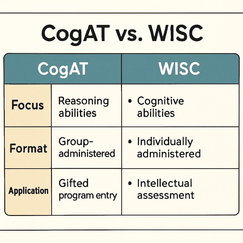 Comparison chart of CogAT and WISC features for evaluating gifted children.