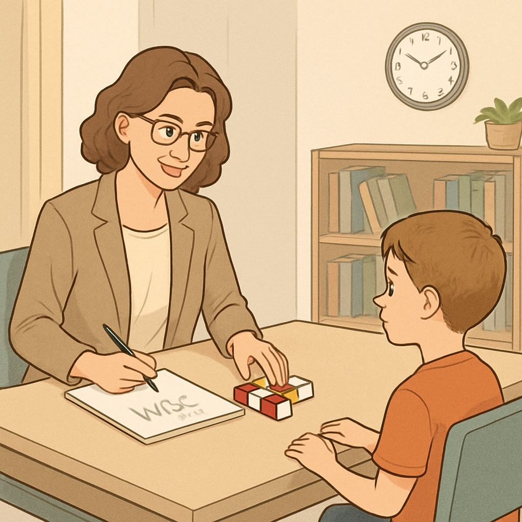 Psychologist giving WISC test to a child in a one-on-one setting.