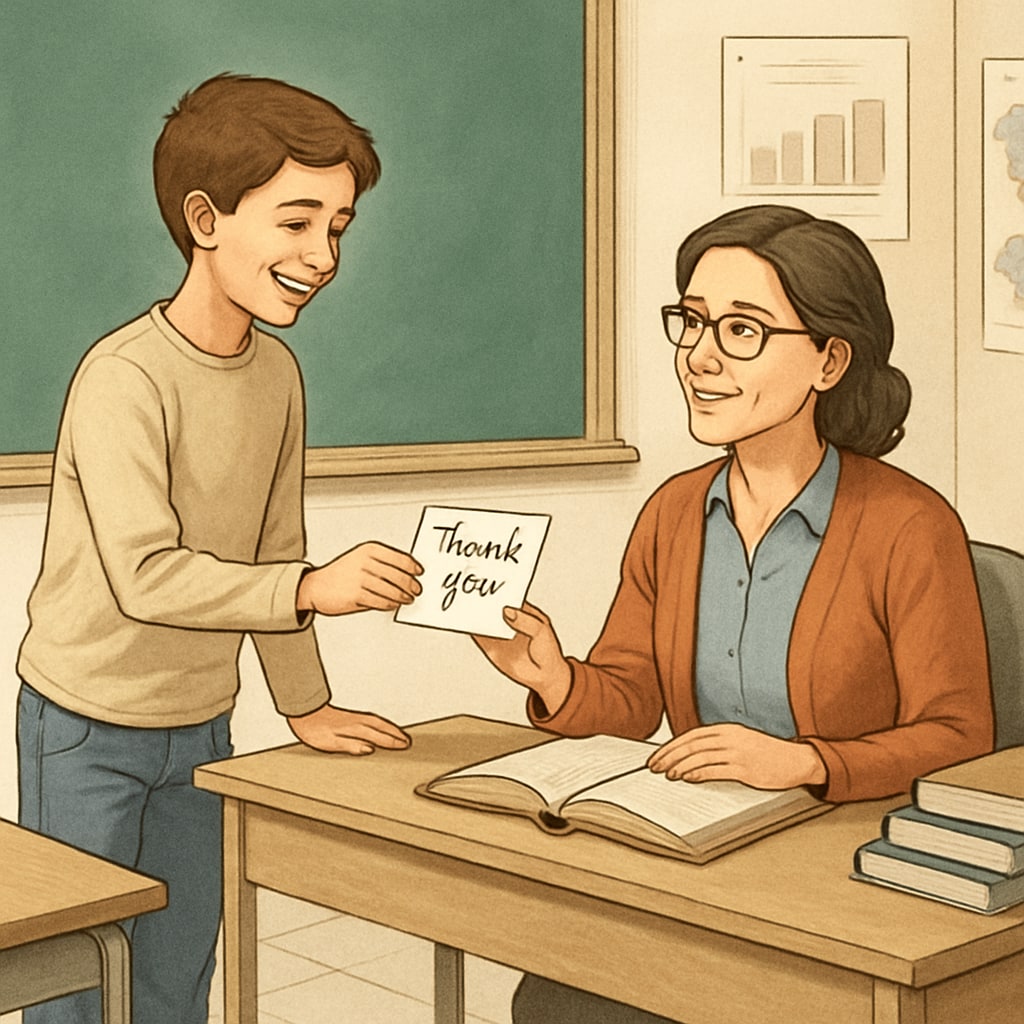 Student giving a thank you note to a teacher, showcasing gratitude and teacher-student interaction