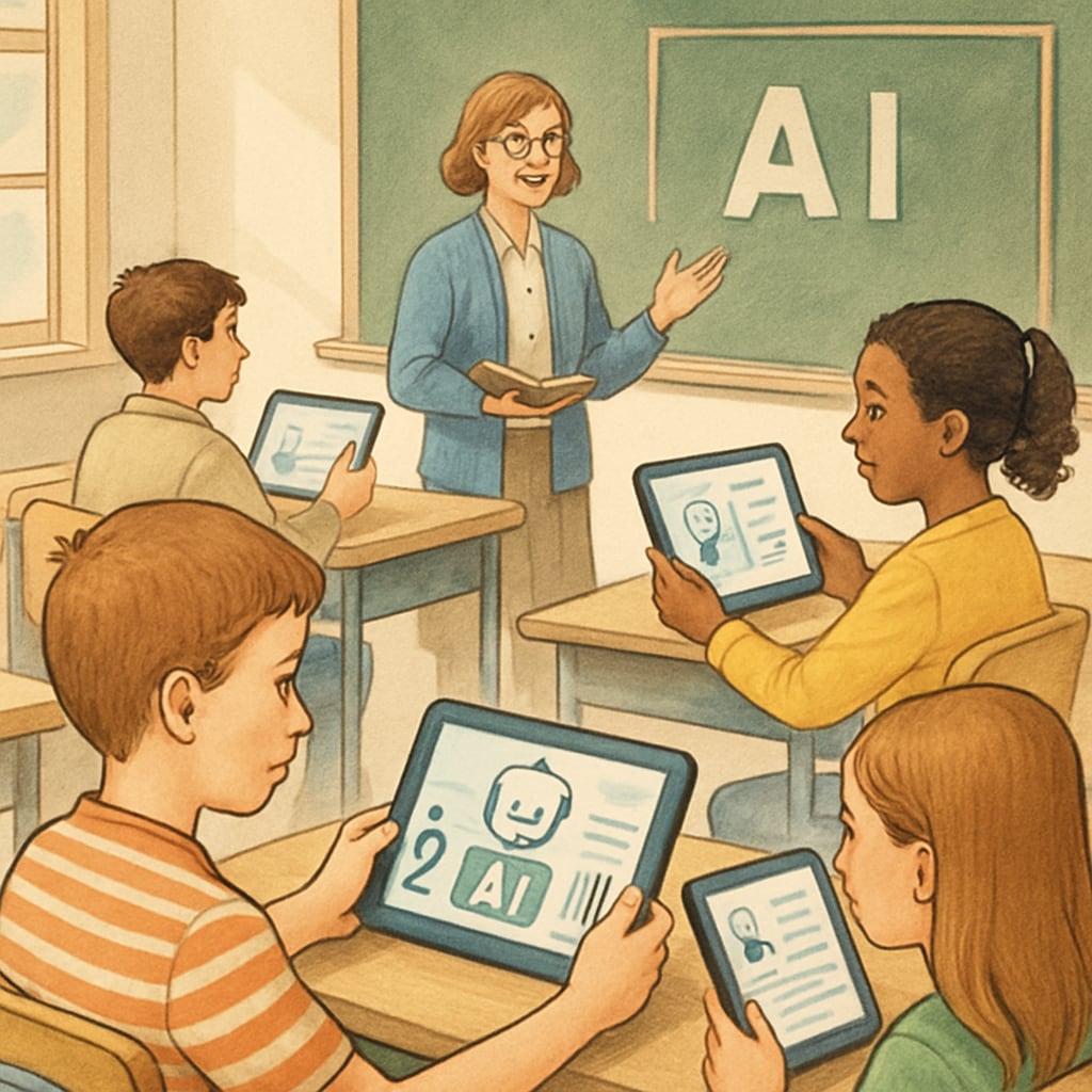 Students in a K12 classroom using AI-powered learning platforms.