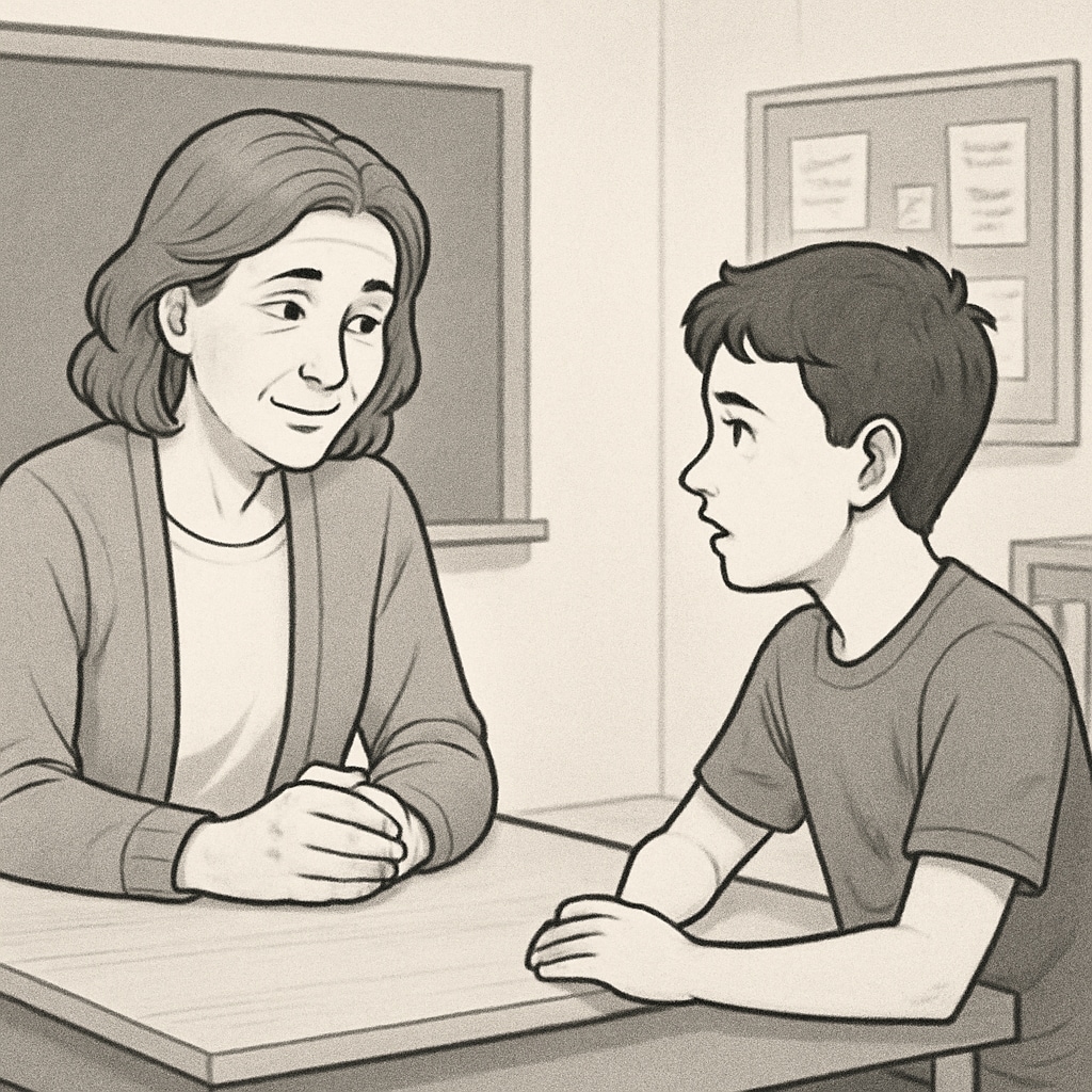 Teacher listening to a student in a private discussion, focusing on teacher-student relationship