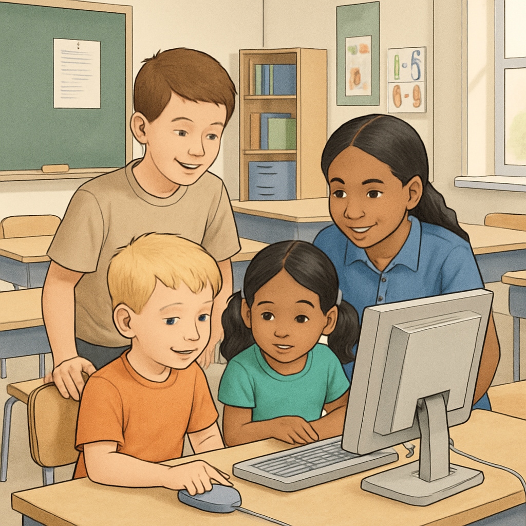 Kindergarteners and fourth graders collaborating on a computer project as part of a cross-grade activity.