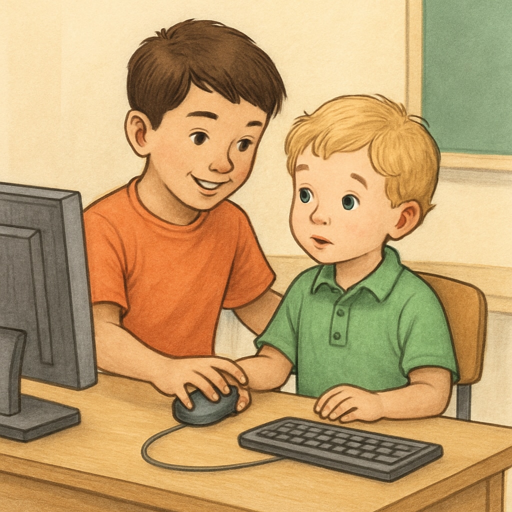 A fourth grader assisting a kindergartener with a computer task during a mentorship program.