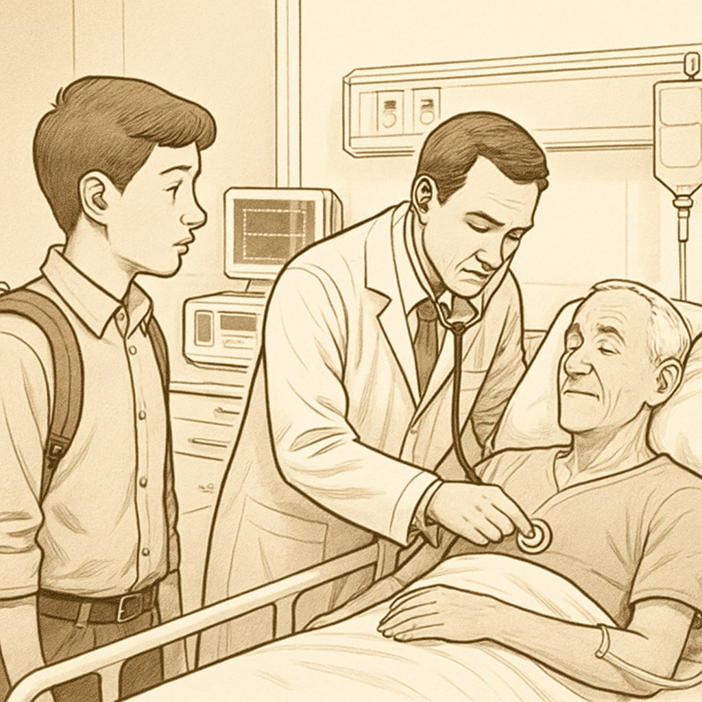 A young student shadowing a doctor in a hospital environment, observing patient care. Student shadowing a doctor in a medical setting as part of medical career preparation.
