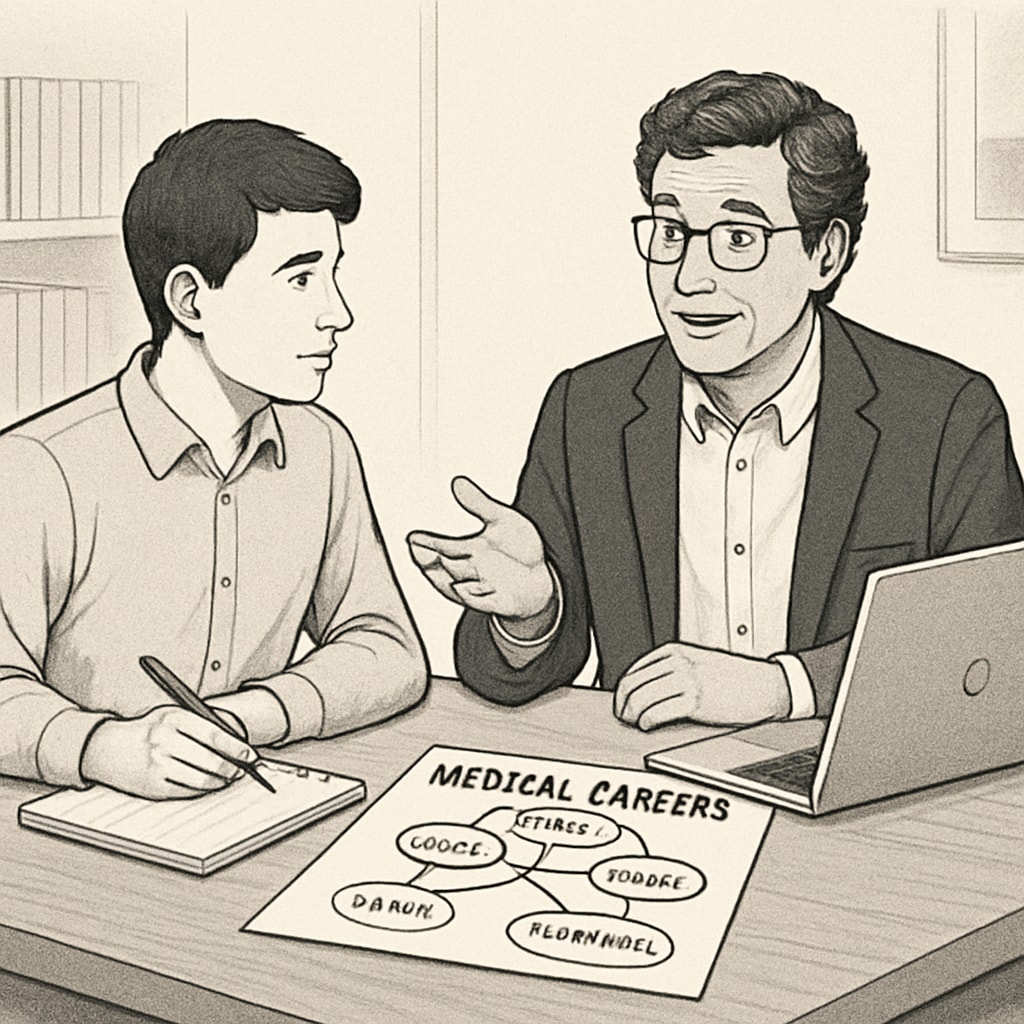 A brainstorming session between a student and a mentor discussing career options in medicine. Student and mentor brainstorming medical career paths and planning education steps.
