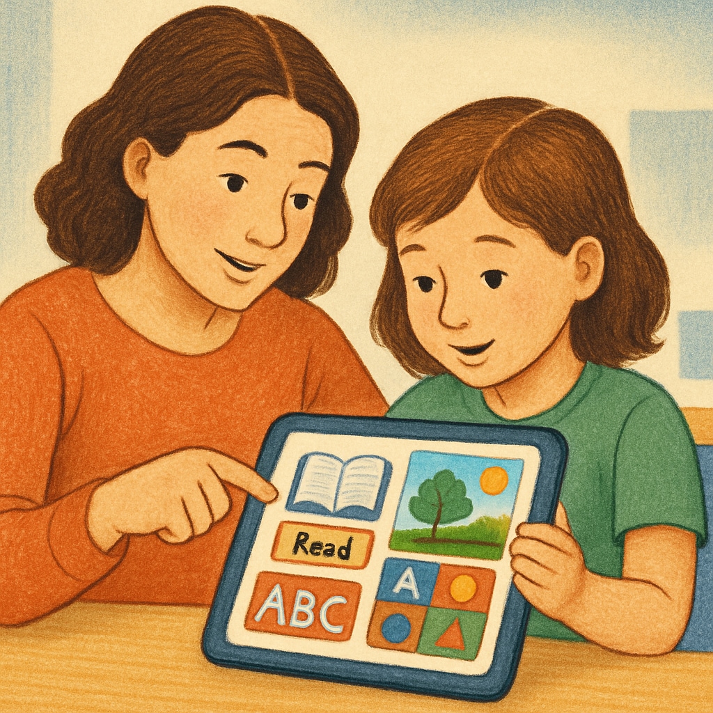 Parent and child engaged with a children's reading app interface on a tablet.