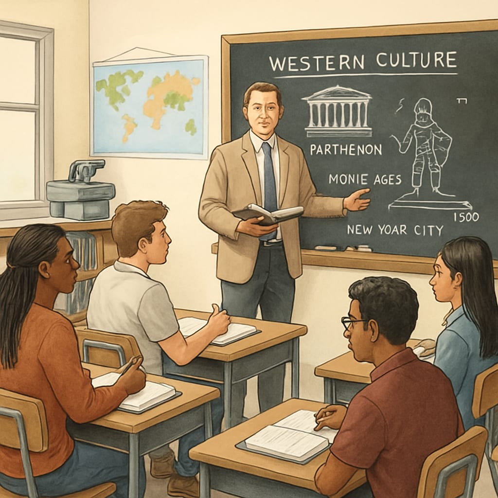 International students in a NYC history class learning about Western culture.