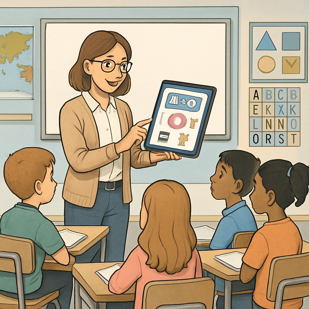 Teacher showcasing a children’s reading app to a classroom of young students.