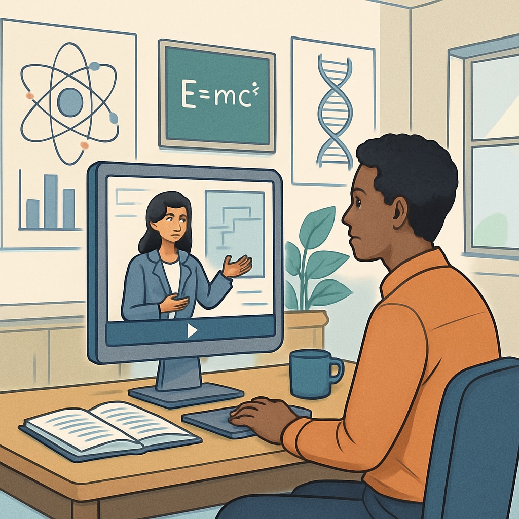 Online adult education class for foreign students learning science.