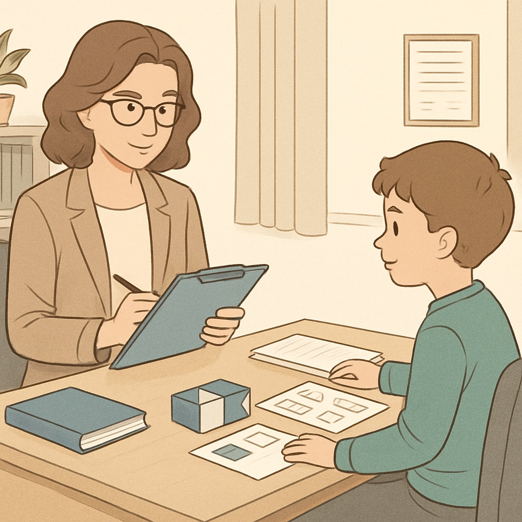 Child undergoing a standardized intelligence test with an educational psychologist.