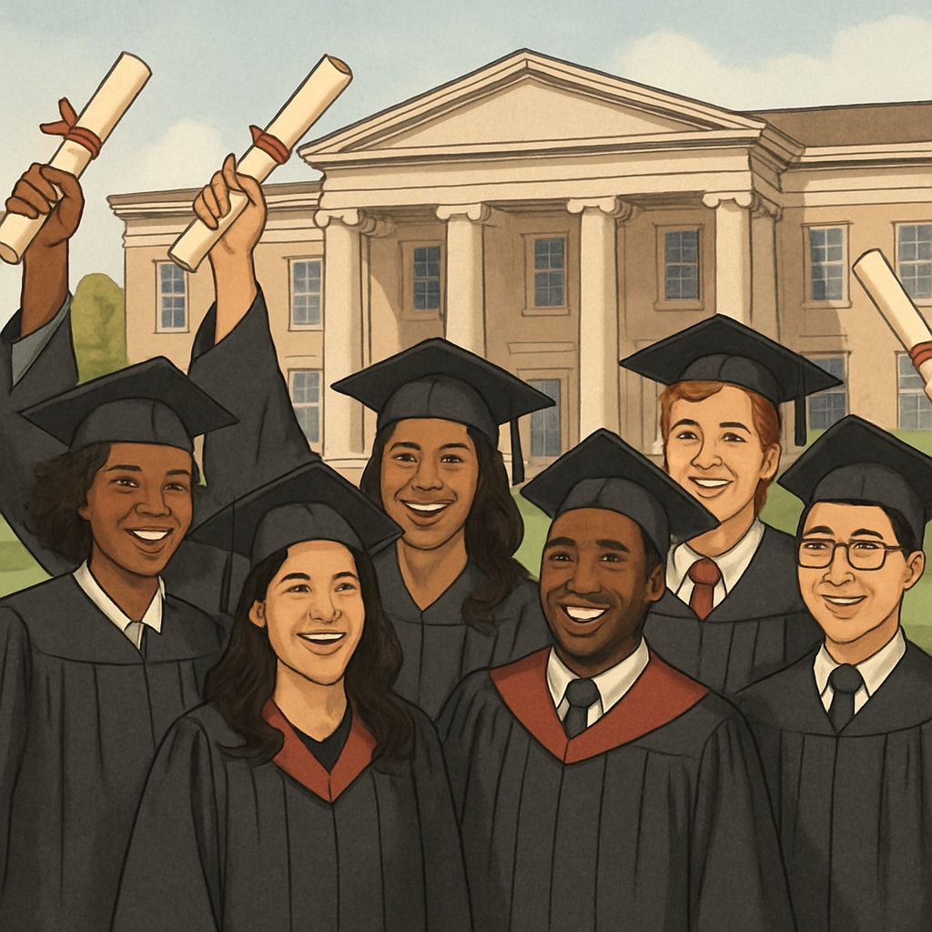 Graduate students celebrating in the U.S. after completing their master’s program.
