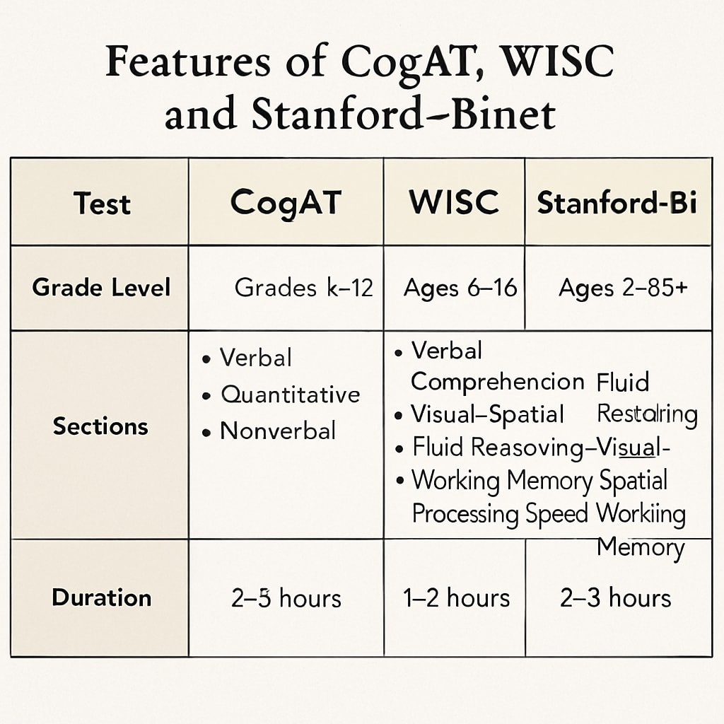 Comparative chart of CogAT, WISC, and Stanford-Binet intelligence tests.